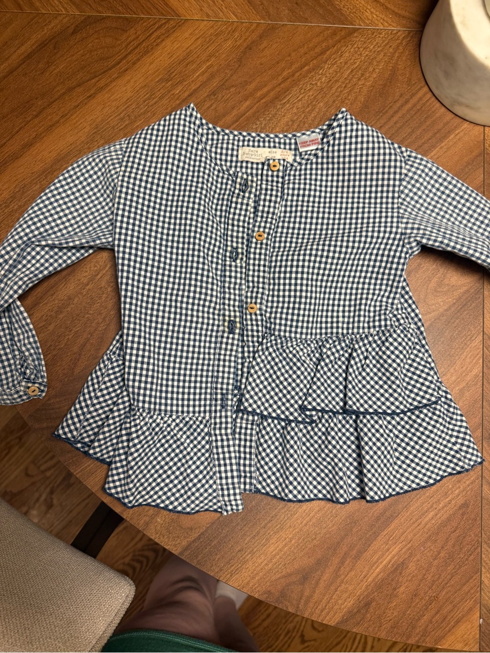 Zara Navy and White Gingham Button-Front Peplum Blouse